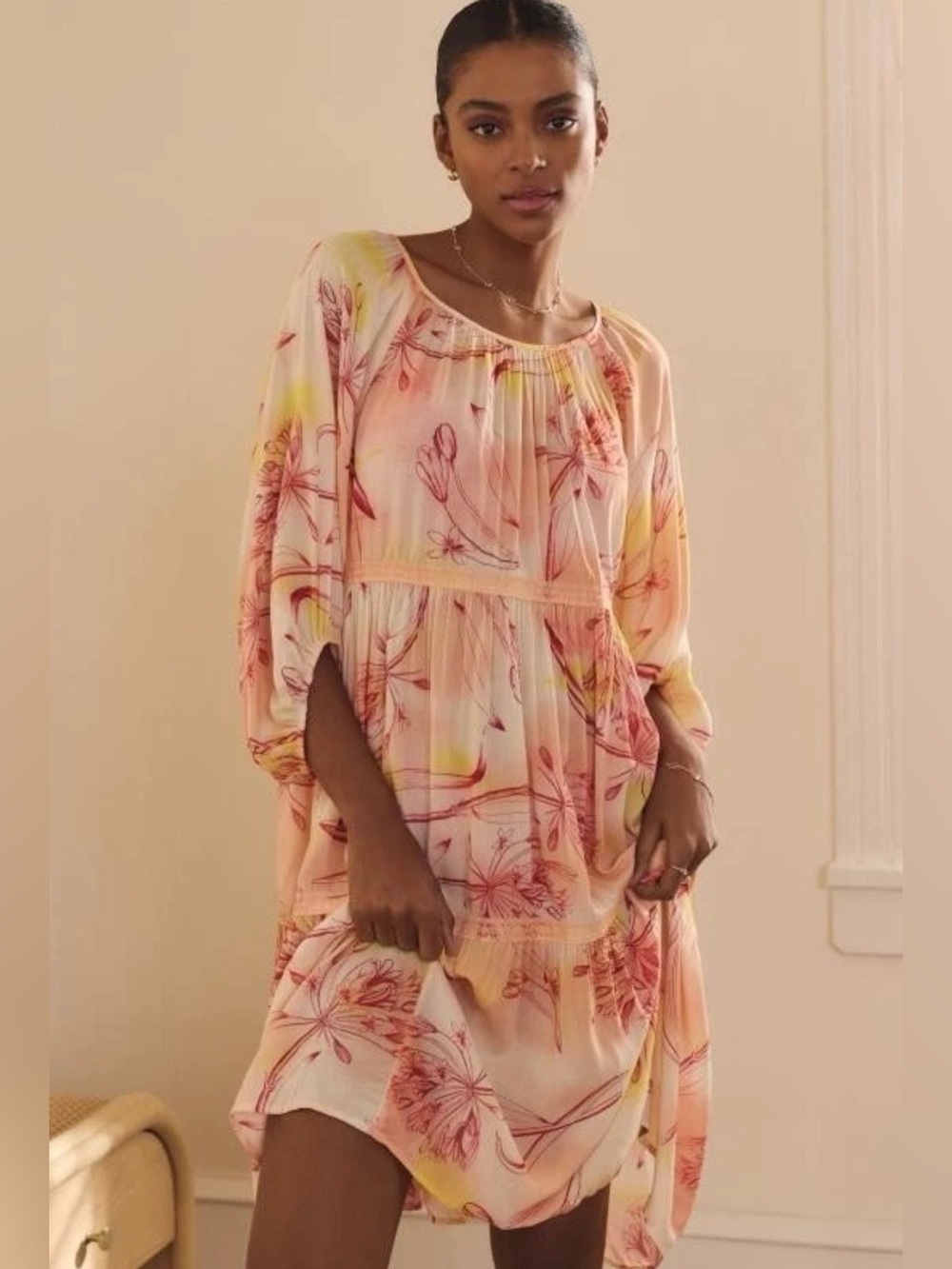 ANTHROPOLOGIE TIERED PUFF SLEEVE DRESS PEACH FLORAL Floral Peasant Dress M